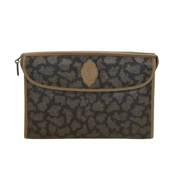Auth YvesSaintLaurent - Dark Brown Light Brown PVC Leather Clutch Bag - Picture 1 of 7